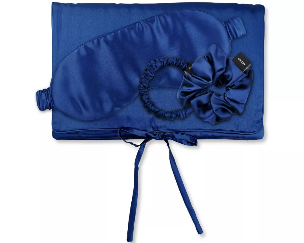 Ailoria TRAVEL SET Tasche Schlafmaske Scrunchie S & M Seide Blau