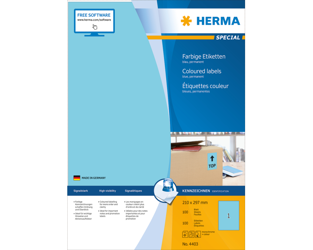 HERMA Etiketten SPECIAL 210x297mm 4403 blau,perm. 100 St./100 Bl.