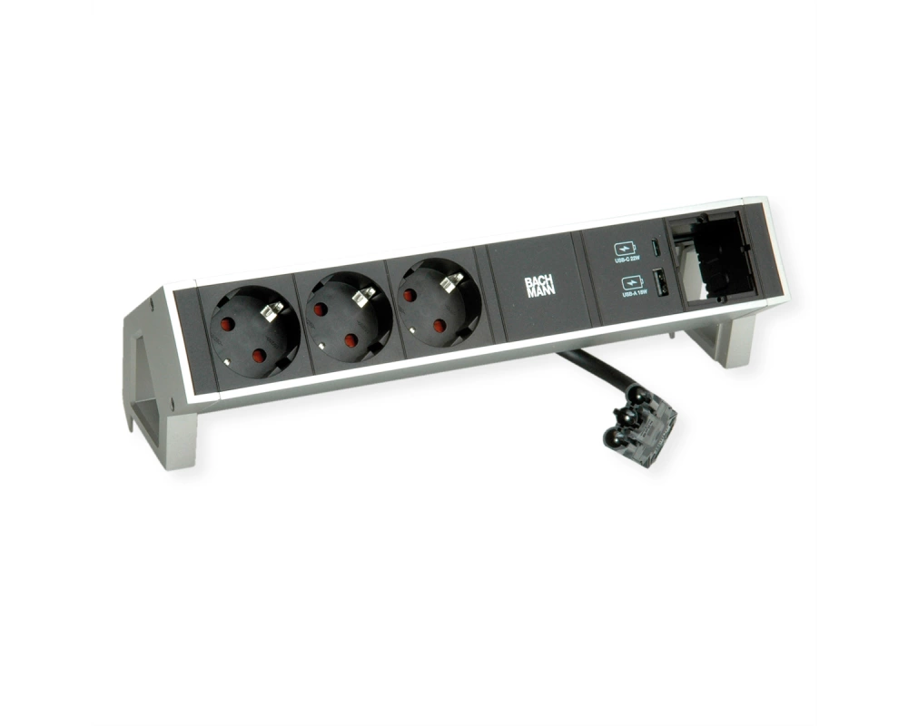 BACHMANN DESK2 3xCEE7/3 1x CM USB Charger A/C 22W, 0,2m GST18 INOX