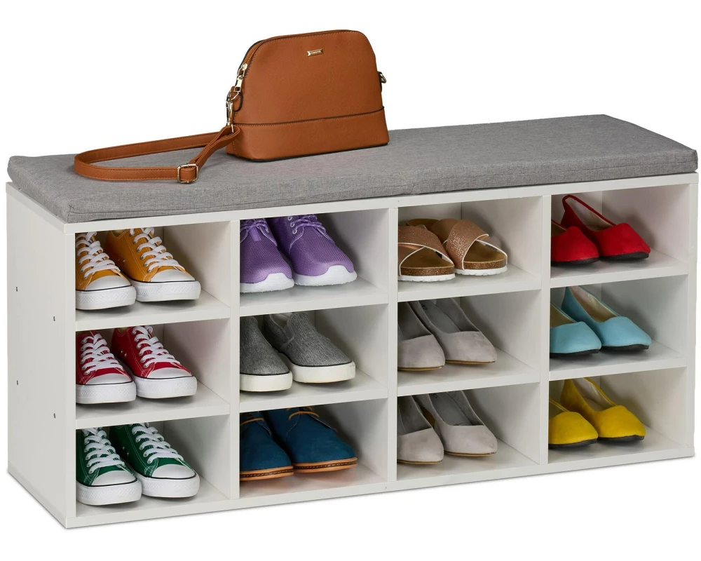 relaxdays Schuhbank mit Sitzfläche mit 12 Fächern, Grau/Weiss