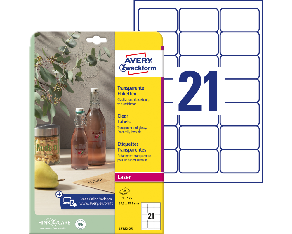 AVERY ZWECKFORM Etiketten 63,5x38,1mm L7782-25 transparent 525 Stück