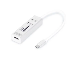 Digitus USB Type-C OTG 3-Port HUB + Card Reader. Compatible memory cards: MicroSD (TransFlash), SD, Product colour: White, Data transfer rate: 480 Mbit/s. Interface: USB 2.0. Width: 18 mm, Depth: 23 mm, Height: 16 mm. Package width: 85 mm, Package depth: 140 mm, Package volume: 535.5 cm³. Windows operating systems supported: Windows 10, Windows 10 Education, Windows 10 Education x64, Windows 10 Enterprise, Windows 10..., Mobile operating systems supported: Android