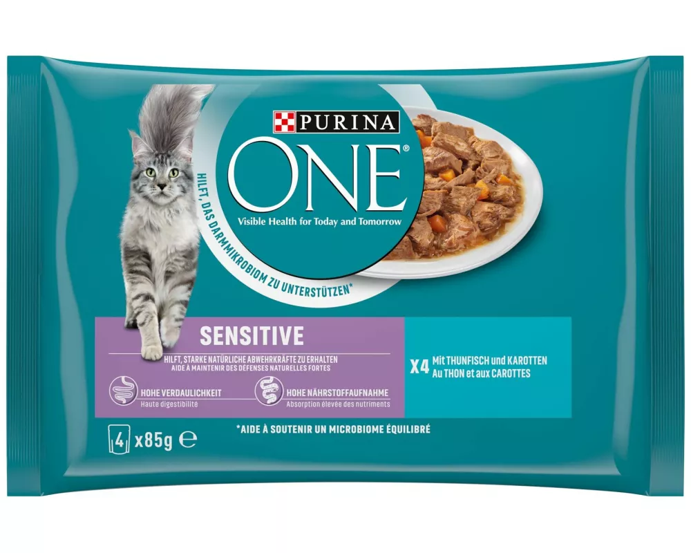 Purina ONE Nassfutter SENSITIVE in Sauce Thunfisch/Karotten, 4 x 85g