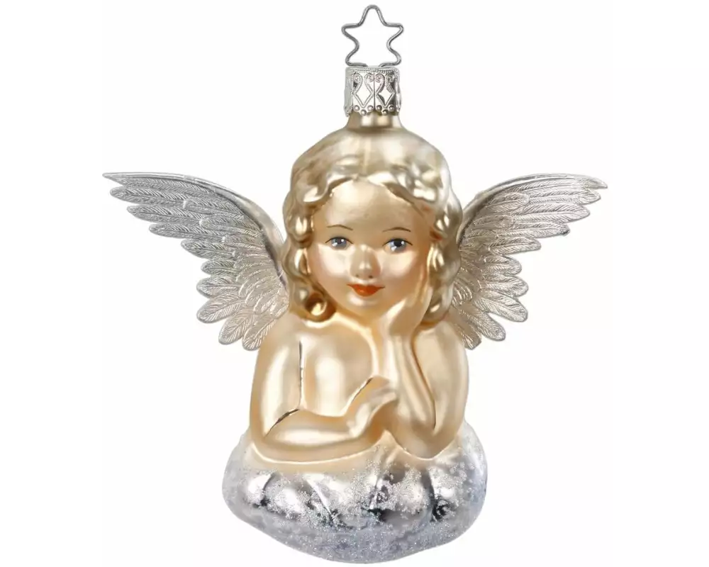 Inge Glas Manufaktur Weihnachtskugel Engel 10.5 cm, Beige/Silber
