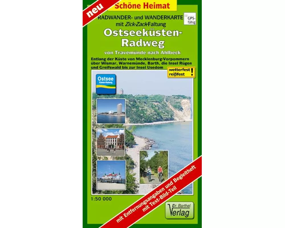 Ostseeküsten-Radweg von Travemünde nach Ahlbeck 1:50 000 Radwander- und Wanderkarte mit Zick-Zack-Faltung