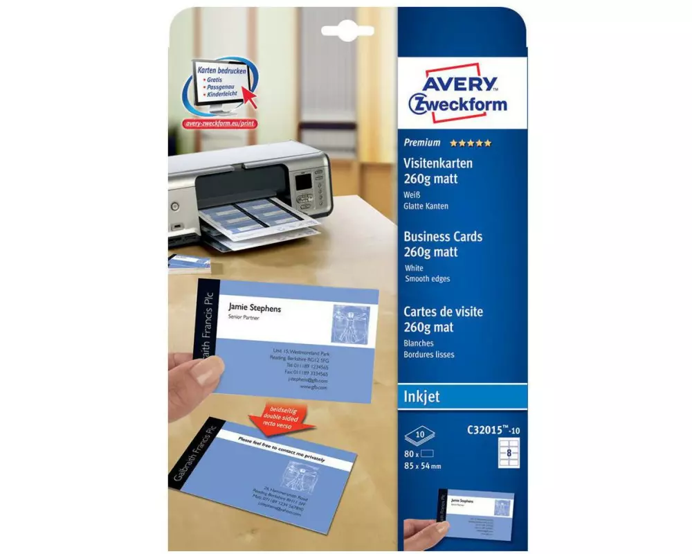 Avery Zweckform Visitenkarten-Etiketten Inkjet 85 x 54 mm 80 Stück