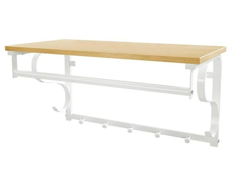 VASAGLE Wandregal mit Haken und Stange, Holz/Metall