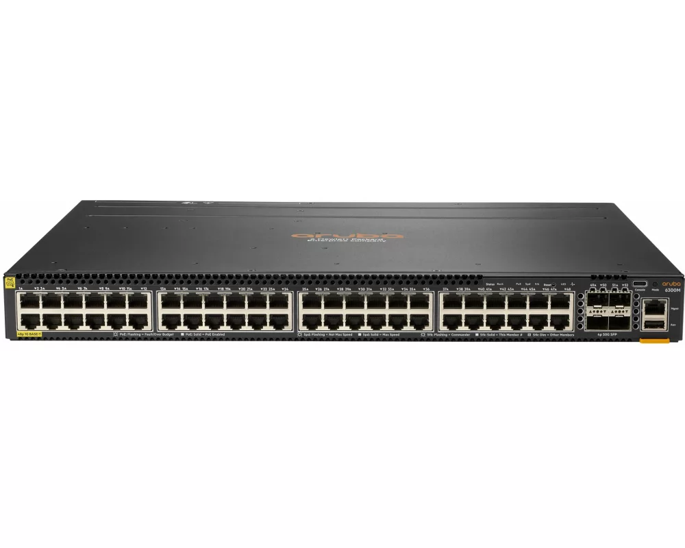 HPE Aruba 6300M Switch, 48 Port 1GbE Class 4 PoE and 4 Port SFP56, Layer 3, Stackable, 1U, One Touch Deployment with CX Mobile App