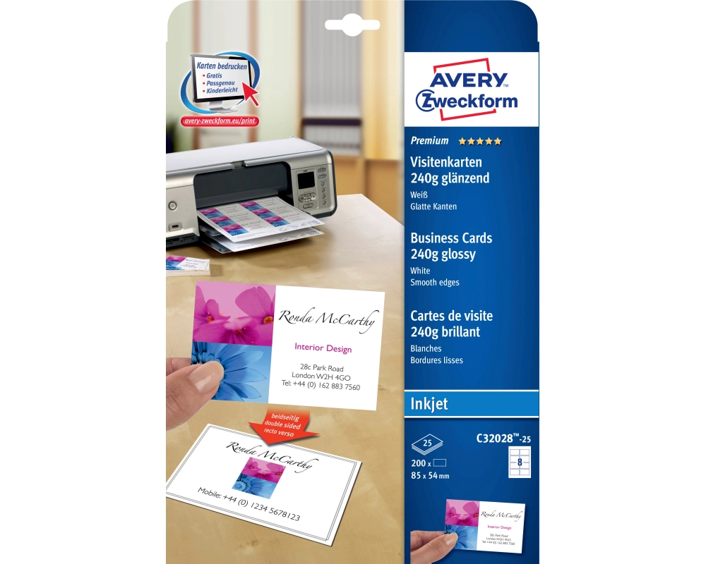 AVERY ZWECKFORM Visitenkarten 85x54mm/A4 C32028-25 weiss, glossy, 250g 200 Stück