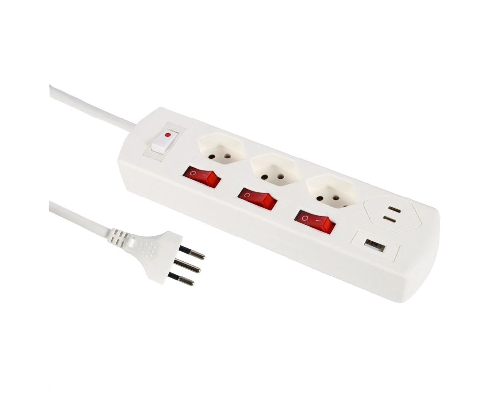 Schönenberger Steckdosenl. Principio+, 1xH/4xV, 5x T13, 2.0m,USB C, weiss