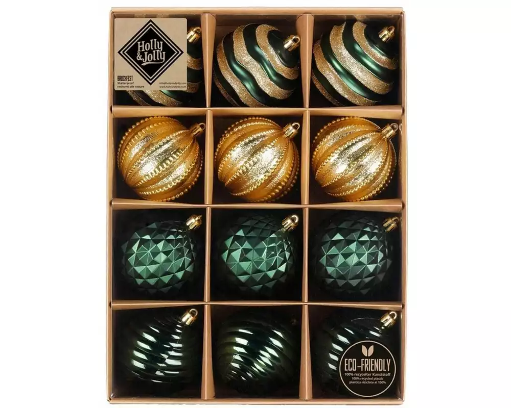 Holly & Jolly Weihnachtskugel Mix Dunkelgrün 12 Stück, 8 cm