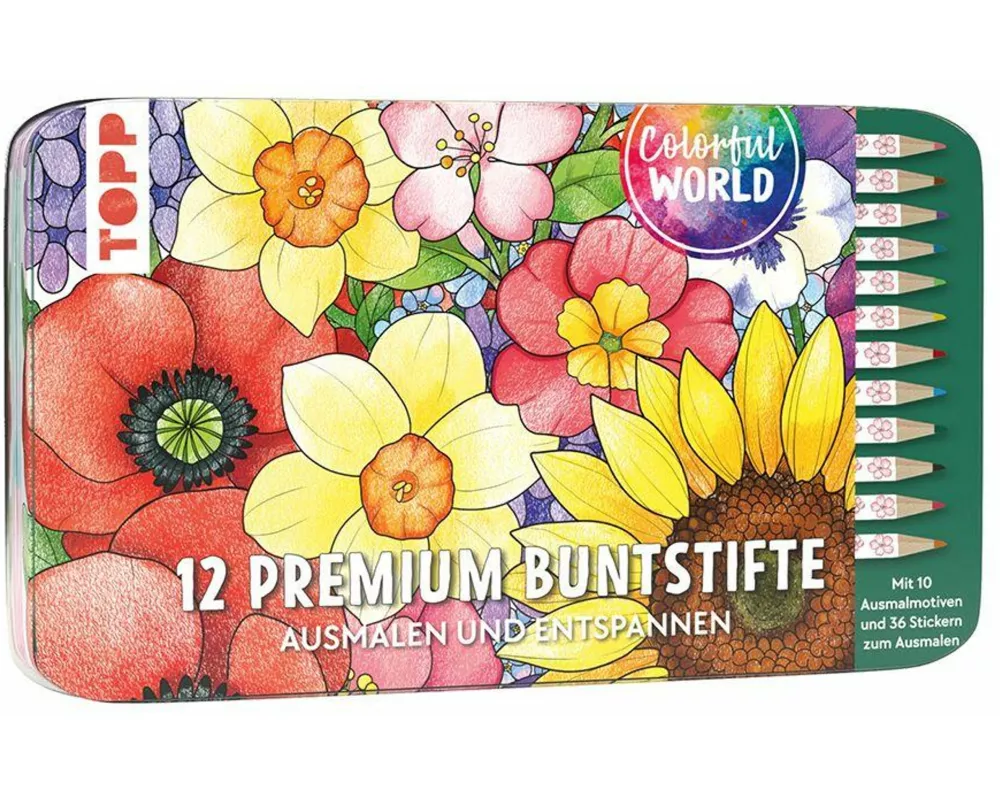 Colorful World Designdose mit 12 Buntstiften