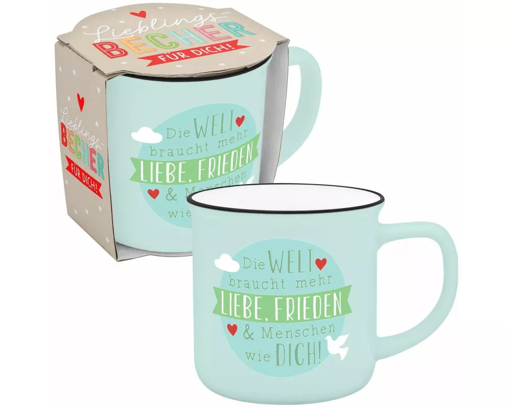 Becher in Emailloptik "Die Welt braucht mehr Liebe, Frieden & Menschen wie dich"