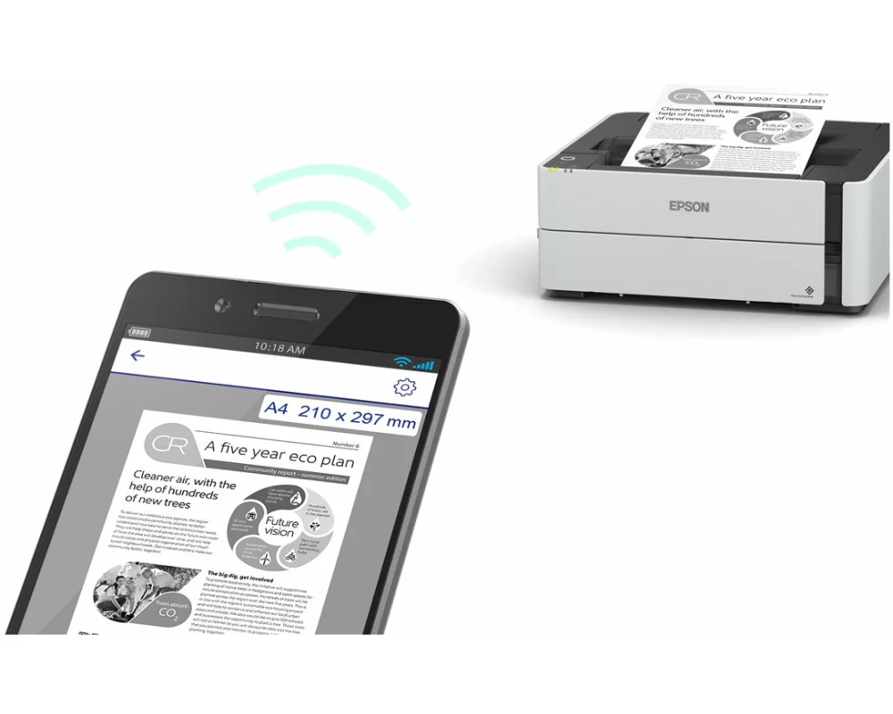 Epson EcoTank ET-M1180 Printer Mono Duplex inkjet ITS A4 1200x2400dpi 15.4ppm 250sheets USB LAN Wi-Fi
