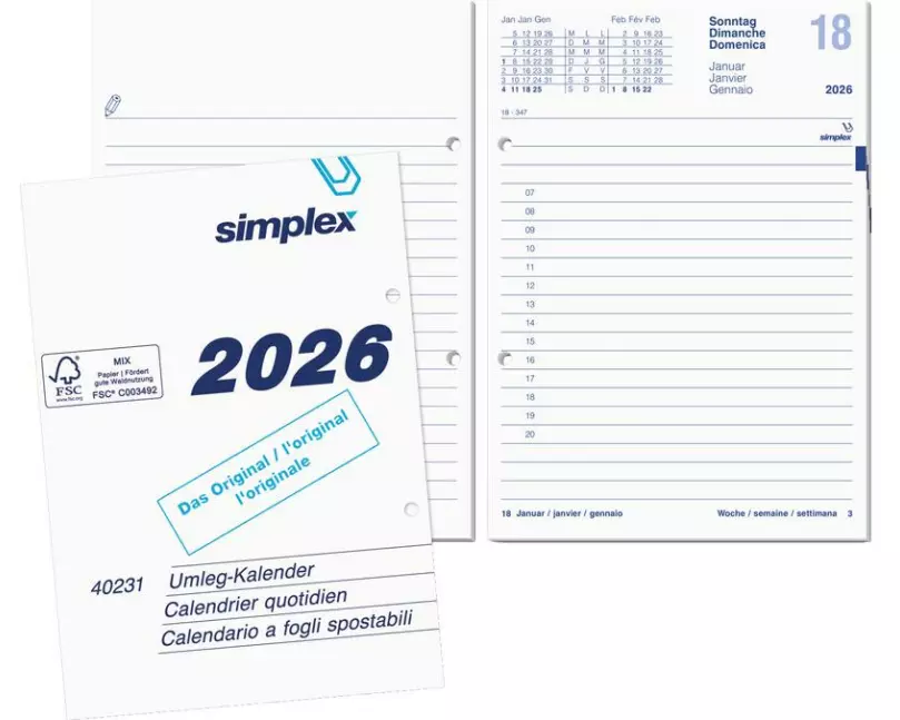 Simplex Pultkalender Umlegeblock gelocht 12 x 17 cm, 2026