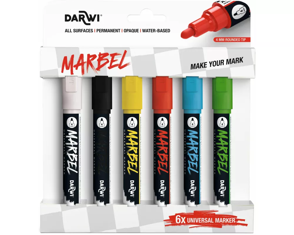 MARBEL Set mit 6 Universalmarkern Acrylfarben, Rundspitze medium 4mm, Primärfarben