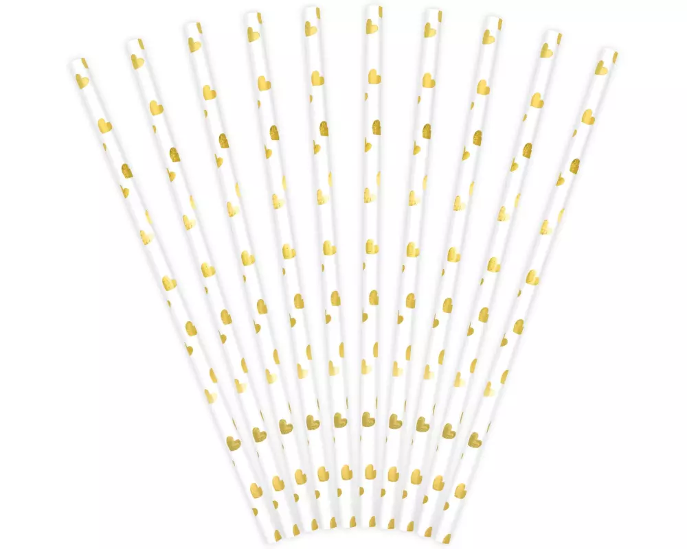 Partydeco Strohhalm Herzen 10 Stück, Gold/Weiss