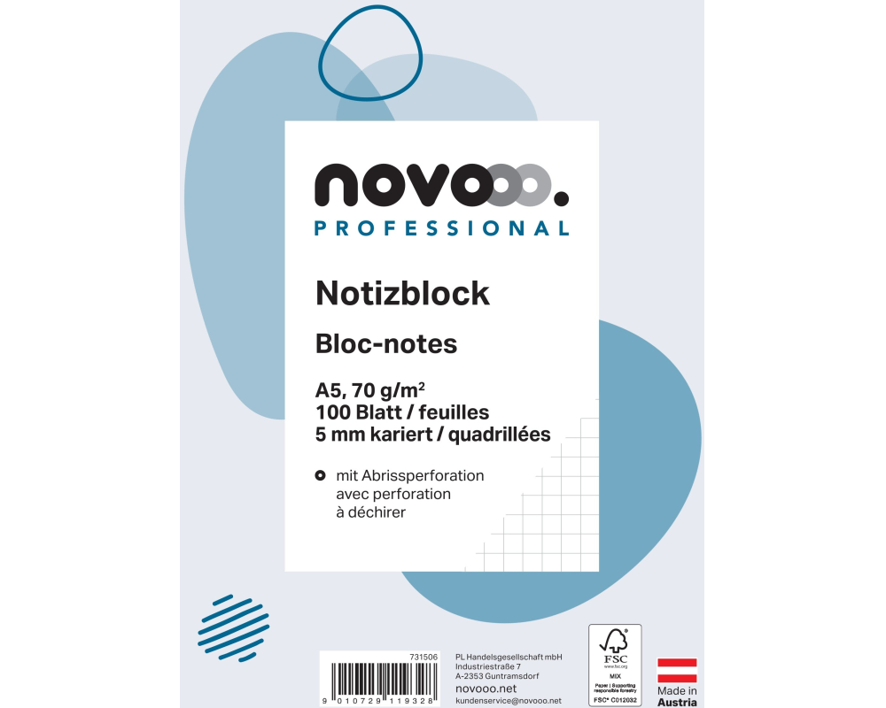 NOVOOO Notizblock weiss A5 731506 kariert 5mm, 70g 2x100 Blatt