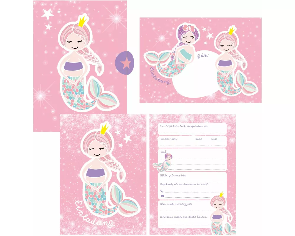 12 Glitzer Einladungskarten Meerjungfrau zum Geburtstag für Mädchen inkl. Umschläge | rosa glitzernde Geburtstagseinladungen für Kinder |