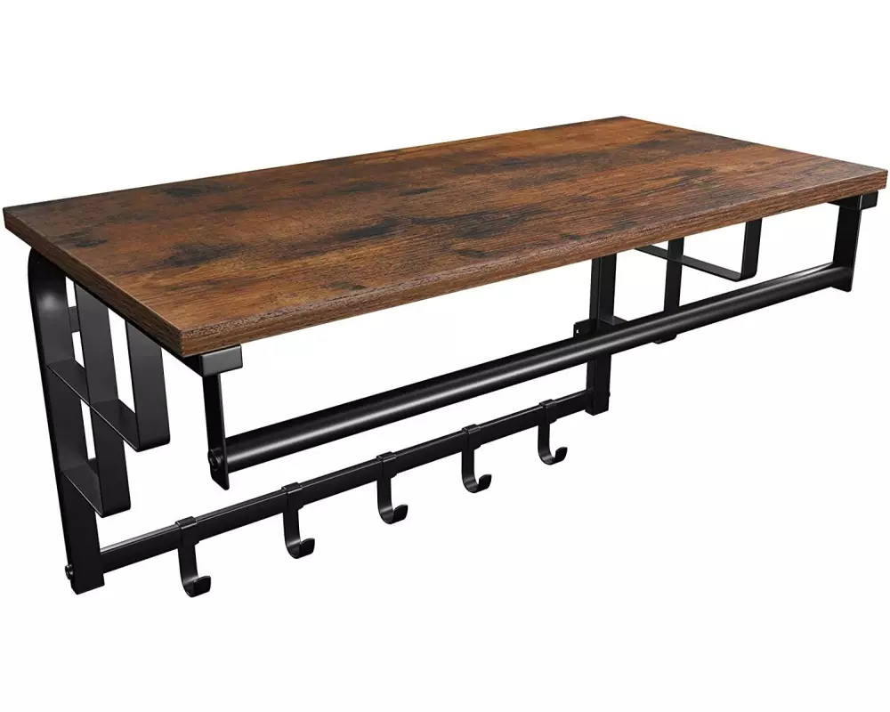 VASAGLE Wandgarderobe mit Haken und Stange 66 x 27 cm, Schwarz/Braun