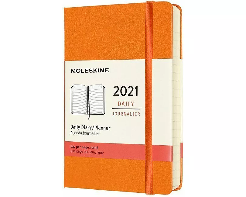 Moleskine 12 Monate Tageskalender 2021 Pocket/A6, 1 Tag = 1 Seite, Fester Einband, Kadmium Orange