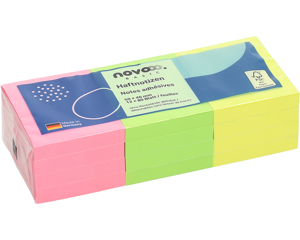 NOVOOO Haftnotizen 50x40mm 5653-39 grün, gelb, pink 12x80 Bl.