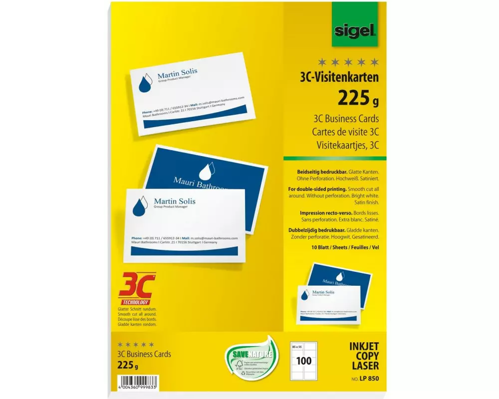 Sigel Visitenkarten-Etiketten 8.5 x 5.5 cm, 10 Blatt, 225 g, Weiss