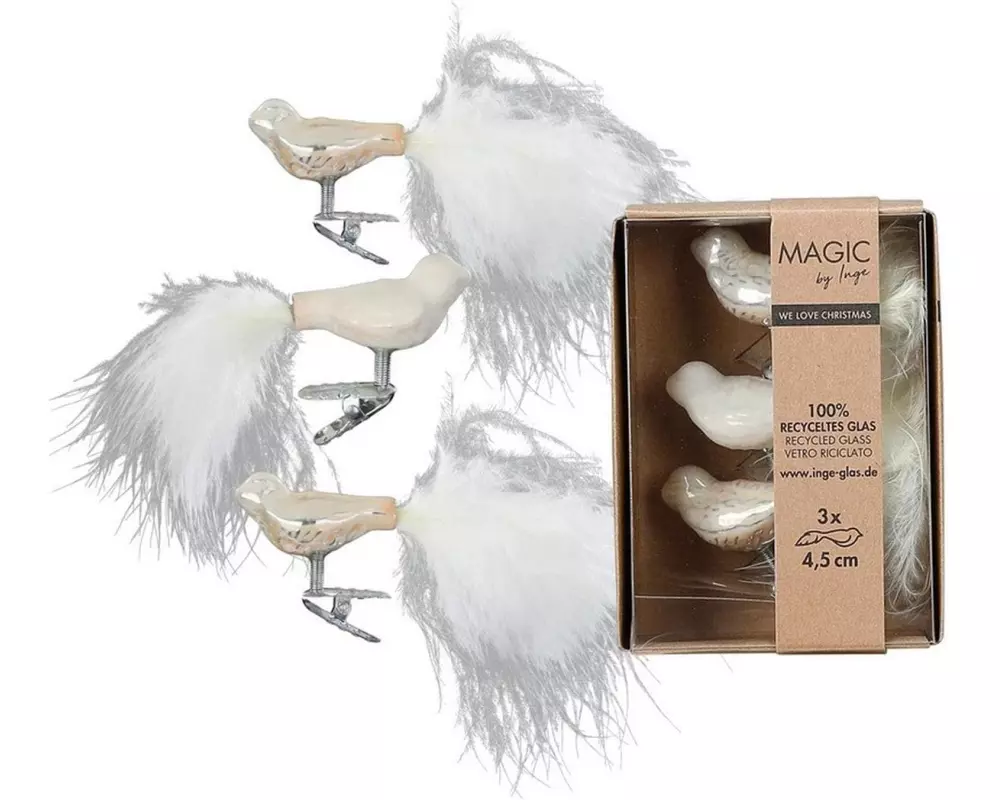 INGES CHRISTMAS DECOR Weihnachtskugel Vogel 4.5 cm Alt Weiss, 3 Stück