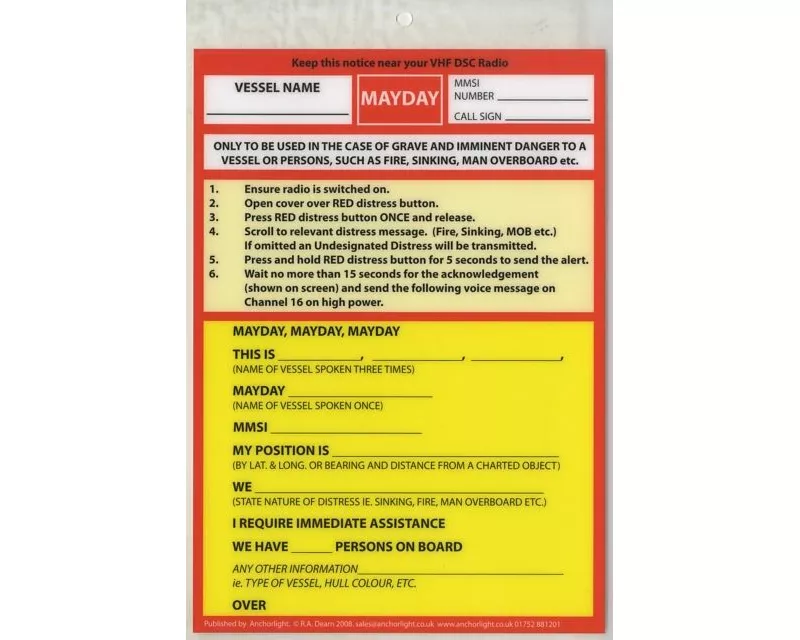 VHF DSC Mayday Procedure Card