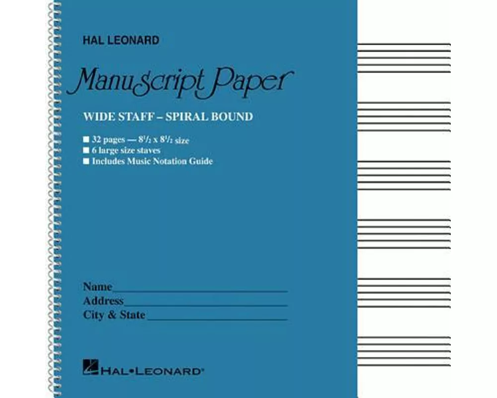 Wide Staff Wirebound Manuscript Paper Aqua Cover Spiral Music Notebook 6 Staves Per Page with Notation Guide