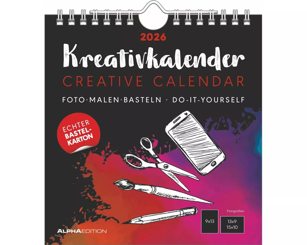 Alpha Edition - Kreativ-Kalender Schwarz 2026 – Bastelkalender 16×17 cm mit Platz für Fotos & eigene Gestaltung, schwarzer Hintergrund, auch als Tisch