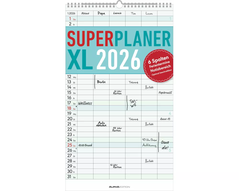 Alpha Edition - Superplaner XL 6 Spalten 2026 – Familienkalender 26×45 cm mit 6 Spalten & Notizbereich, übersichtlicher Familienplaner & Wandkalender