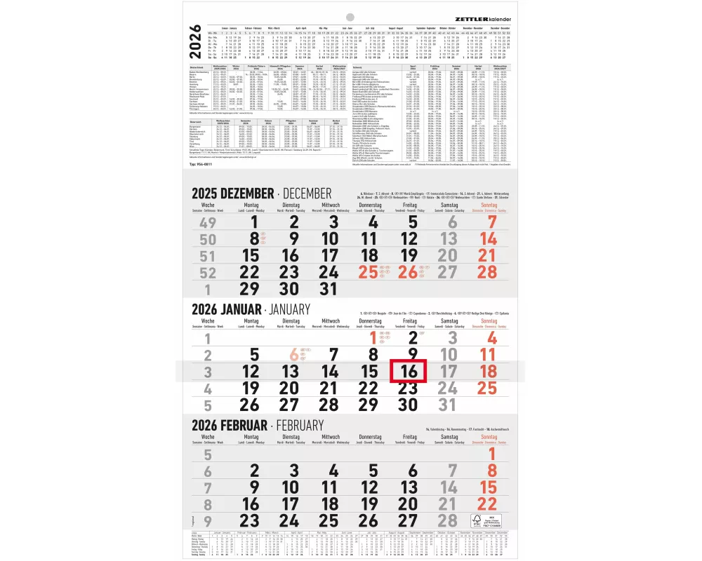 Zettler 3-Monatskalender groß 2026 – Wandkalender 30 × 49 cm, 3 Monate pro Blatt mit Datumsschieber, Monatsübersicht Dez. 2025–Jan. 2027, mehrsprachig