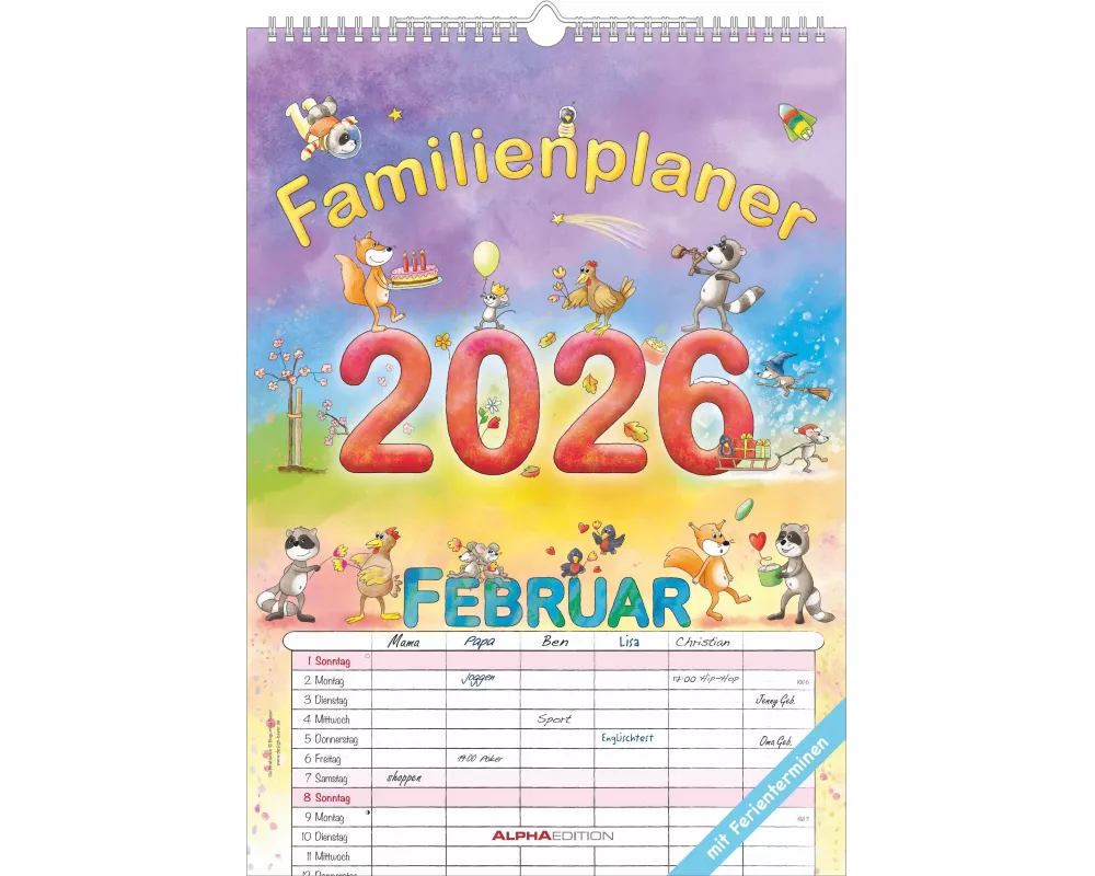 Alpha Edition - Familienplaner Cartoon 2026 – Familienkalender A3 (29,7×42 cm) mit 6 Spalten, Ferienterminen & Platz für Notizen – Wandkalender mit lu