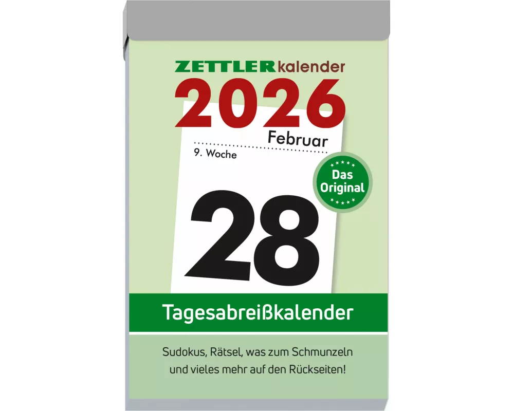 Zettler Tagesabreißkalender L 2026 – Abreißkalender 7 × 10 cm, 1 Tag pro Seite mit Sudoku, Rezepten, Rätseln & Tipps auf den Rückseiten, FSC-zertifizi