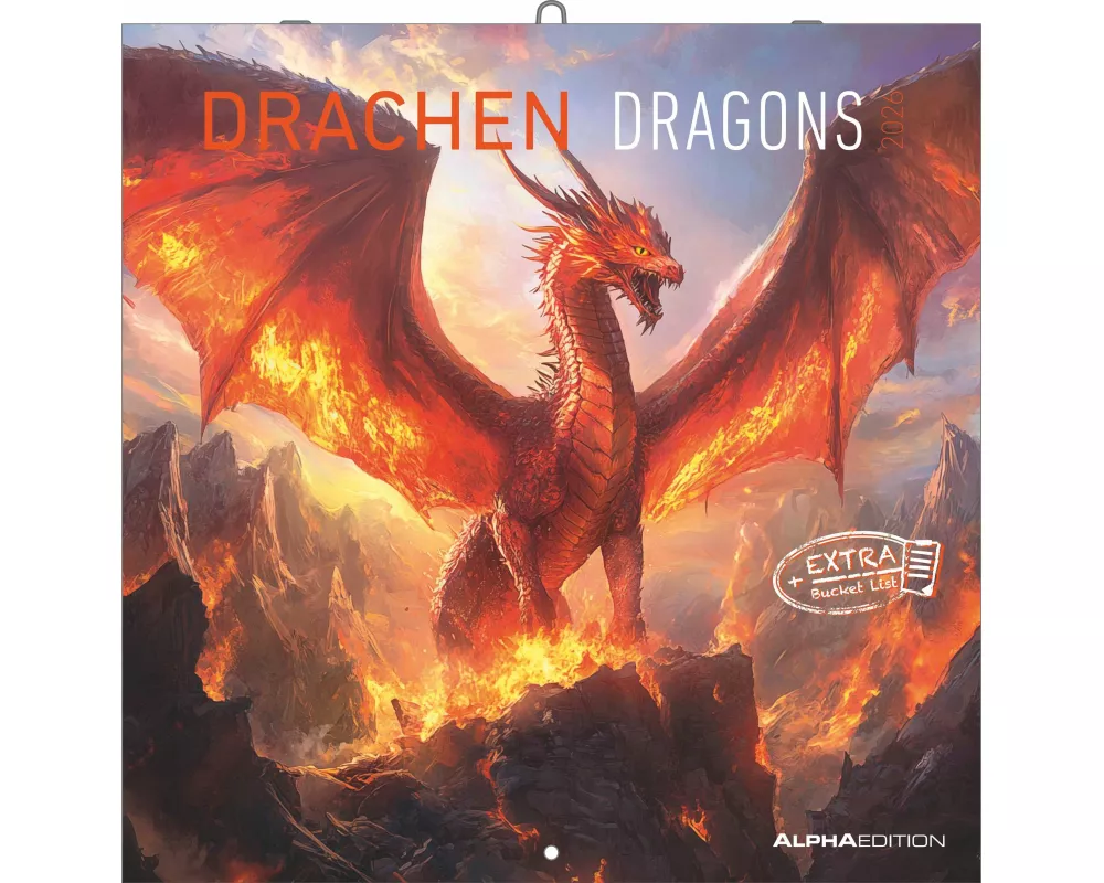 Alpha Edition - Drachen 2026 – Wandkalender 30×30 cm mit fantastischen Drachenmotiven & Poster, 6-sprachiger Broschürenkalender für Fantasy-Fans, Roll