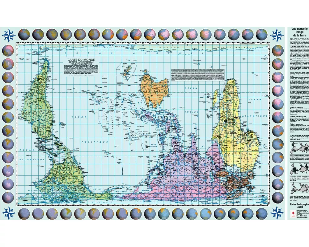 Weltkarte Petersprojektion, südorientiert und pazifikzentriert, französisch (130 x 82 cm)