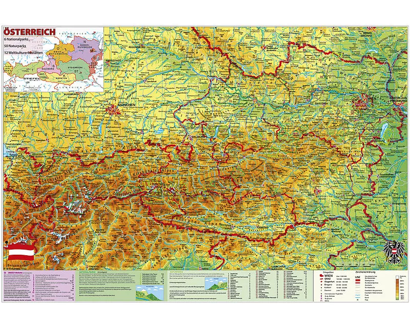 Österreich National- u. Naturparks mit UNESCO Welterbestätten mit Metallbeleistung. Laminiert. beschreib- und abwischbar - gerollt im Kartonrohr