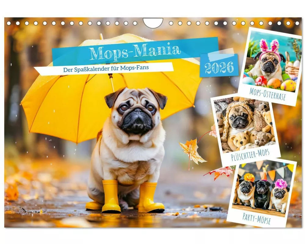 Mops-Mania - Der Spaßkalender für Mops-Fans (Wandkalender 2026 DIN A4 quer), CALVENDO Monatskalender
