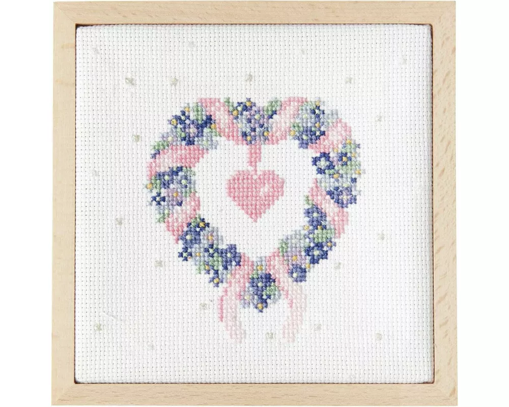 Stickpackung Gezählter Kreuzstich, Herzkranz im Dekorahmen, quadratisch, Größe L, 14 x 14 cm