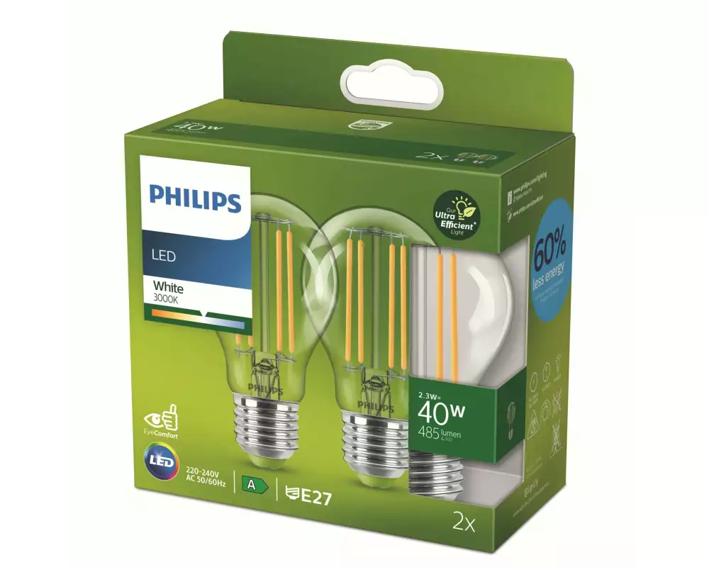 Philips Lampe Ultra Efficient LED E27 40W 3000K 2St. Warmweiss