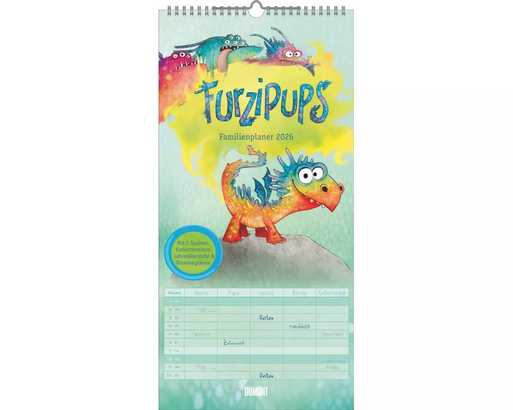 DUMONT - Familienplaner Furzipups der Knatterdrache 2026 – 22x45 cm – Wandkalender mit 5 Spalten & lustigen Illustrationen, Familienkalender für Kinde
