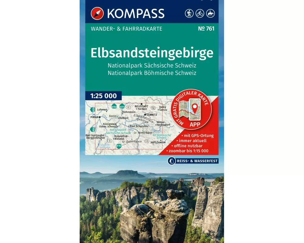 KOMPASS Wanderkarte 761 Elbsandsteingebirge, Nationalpark Sächsische Schweiz, Nationalpark Böhmische Schweiz 1:25.000