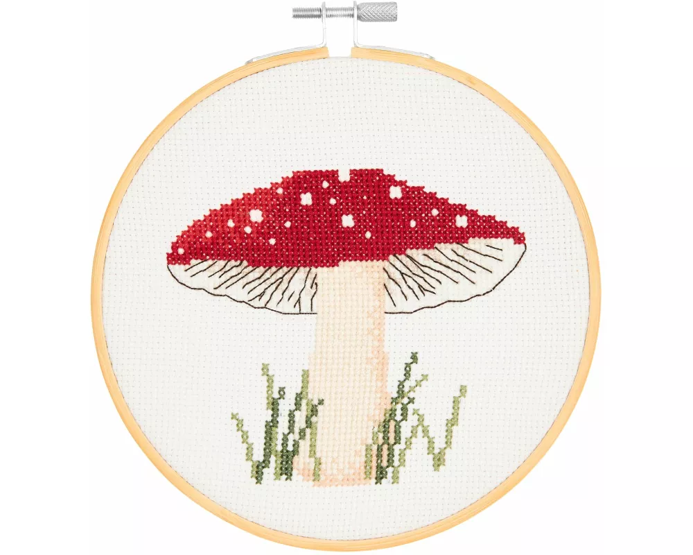 Stickpackung Gezählter Kreuzstich, Shroom Pilz Bild, inkl. Stickring Ø 15 cm