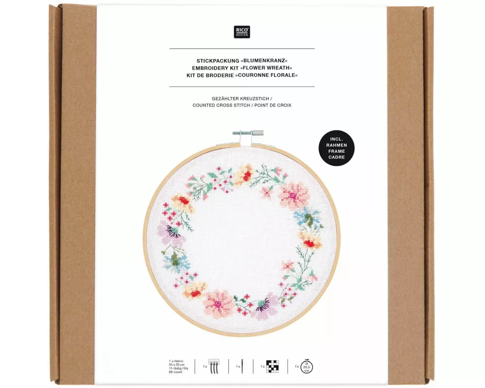 Stickpackung Gezählter Kreuzstich, Bild Bumenkranz, inkl. Stickring Ø 20,5 cm