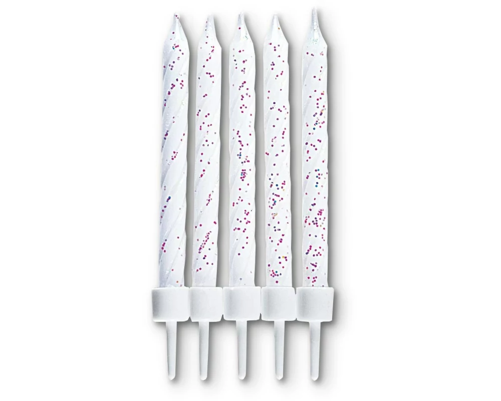 Städter Kerze mit Halter 10 Stück, Weiss Glitzer, 7.5 cm