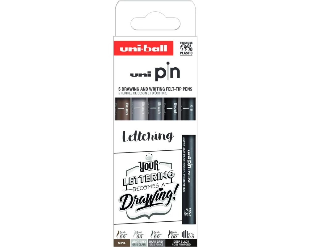 Uni Fineliner Lettering, Schwarz / Grau / Sepia, 5 Stück