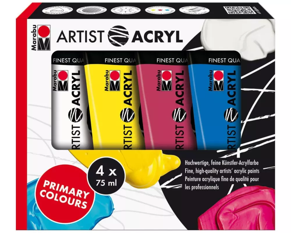 Marabu Acrylfarbe Artist 4x 75 ml, Weiss/Gelb/Fuchsia/Blau