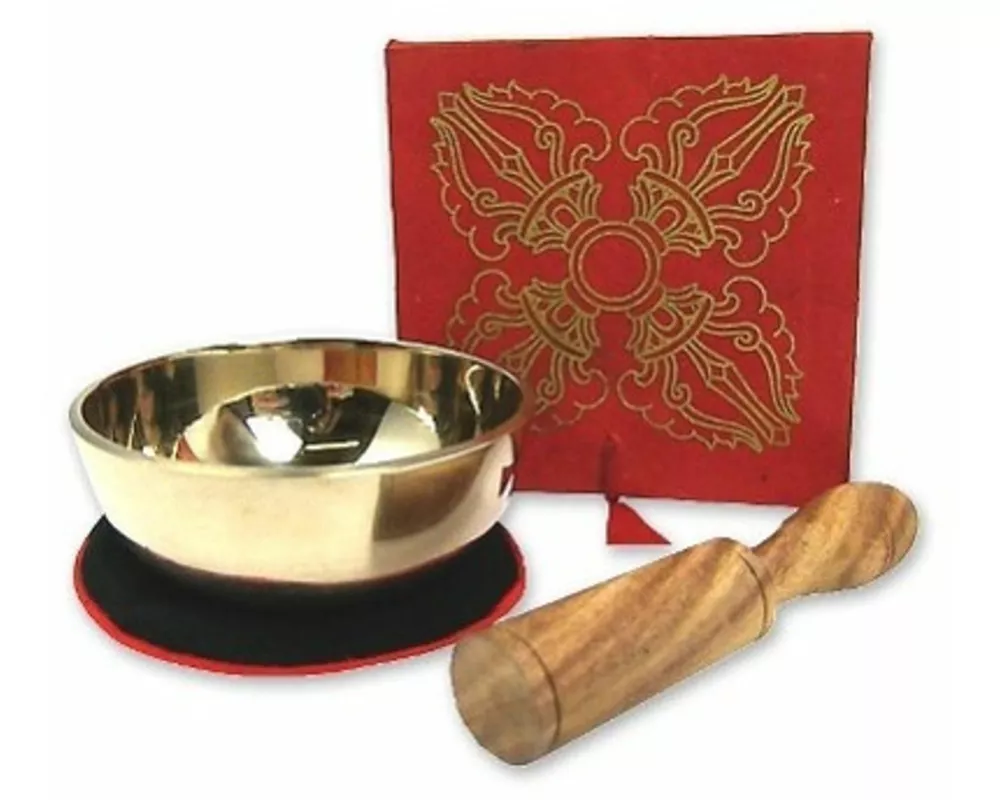 Kleine Klangschale mit hellem Klang in roter Box mit Doppeldorje-Aufdruck