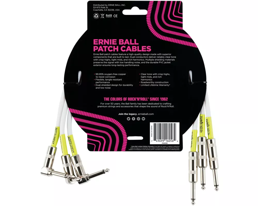 Ernie Ball Patch-Kabel 6056 3er Pack – 0.46 m, Weiss